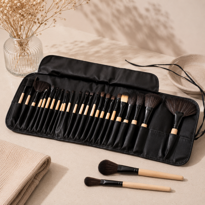 Set de 24 pinceaux maquillage professionnels – Manche bois & étui simili cuir