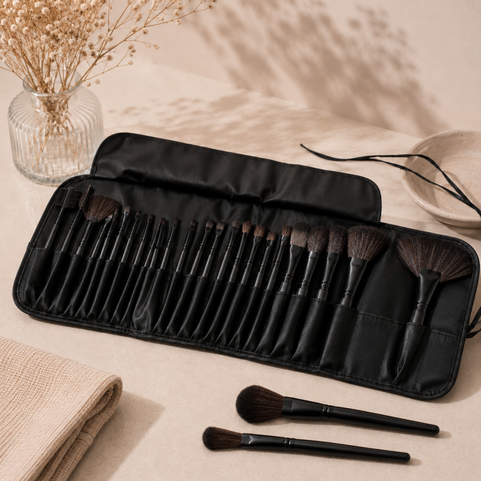 Set de 32 pinceaux maquillage professionnels – Manche noir & étui simili cuir