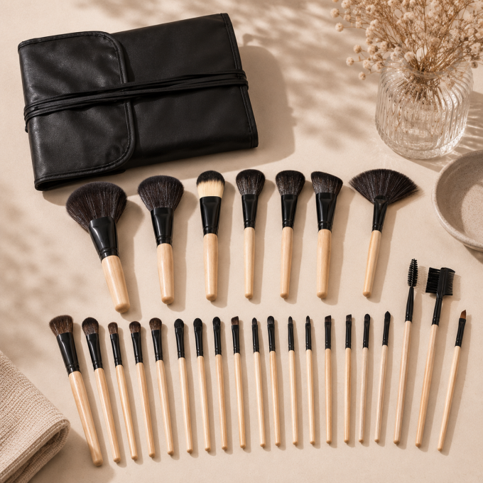 Set de 24 pinceaux maquillage professionnels – Manche bois & étui simili cuir