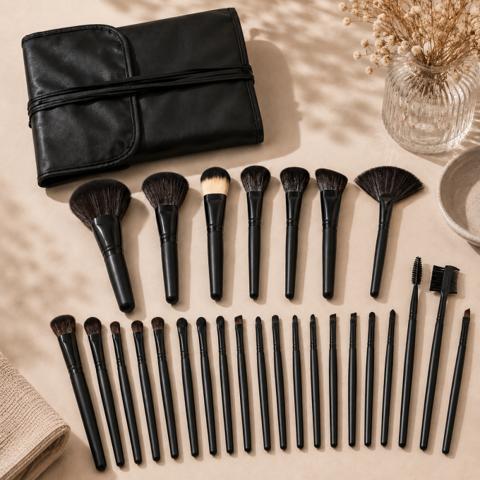 Set de 32 pinceaux maquillage professionnels – Manche noir & étui simili cuir