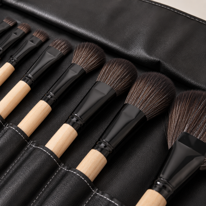 Set de 24 pinceaux maquillage professionnels – Manche bois & étui simili cuir