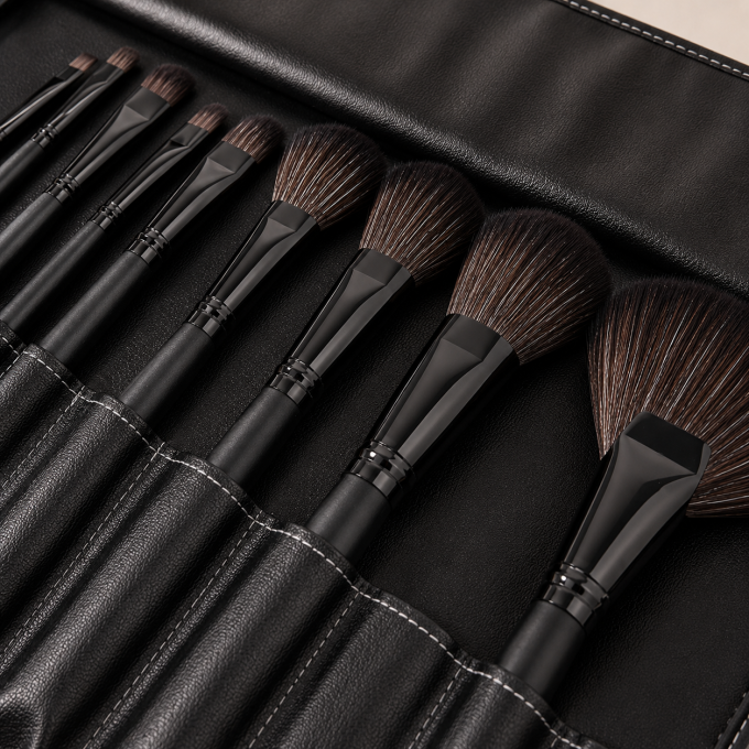 Set de 24 pinceaux maquillage professionnels – Manche noir & étui simili cuir