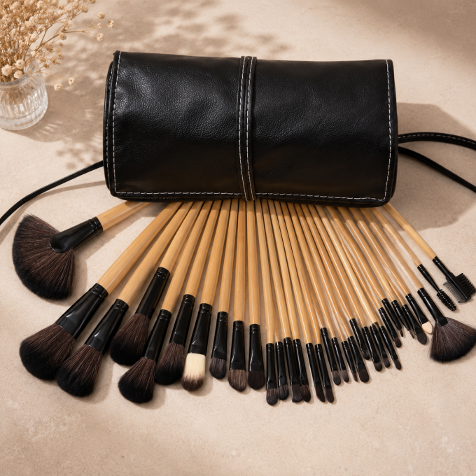 Set de 24 pinceaux maquillage professionnels – Manche bois & étui simili cuir