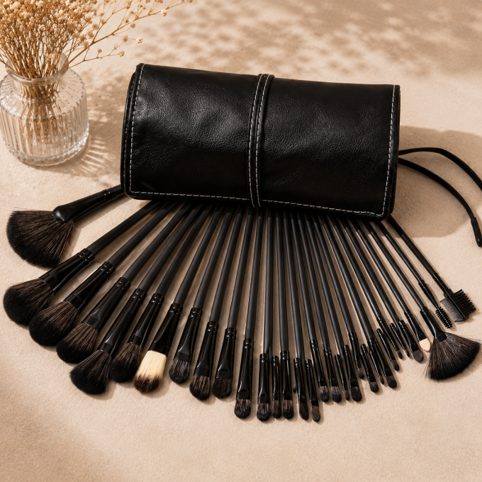 Set de 24 pinceaux maquillage professionnels – Manche noir & étui simili cuir