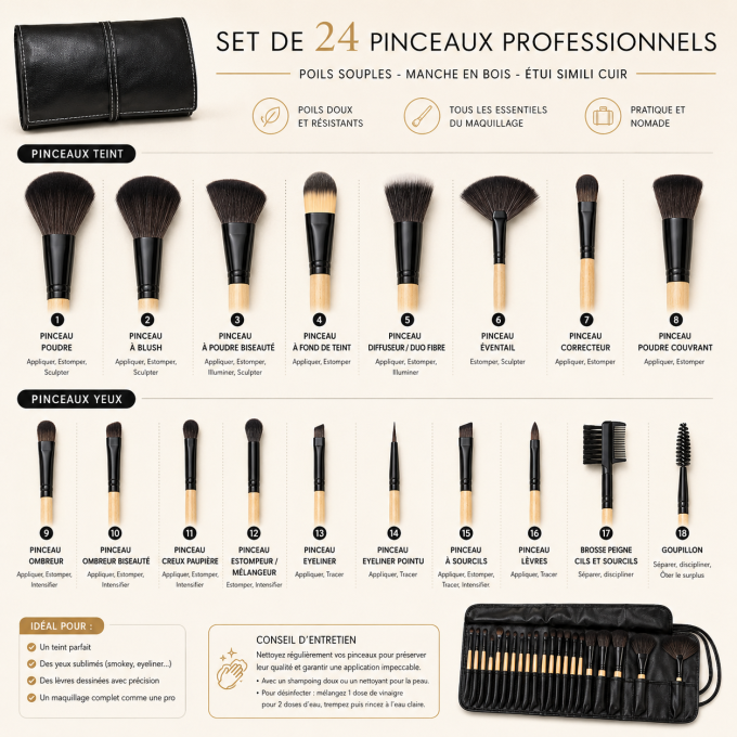 Set de 32 pinceaux maquillage professionnels – Manche bois & étui simili cuir