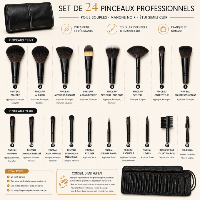 Set de 24 pinceaux maquillage professionnels – Manche noir & étui simili cuir