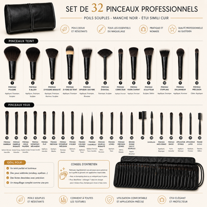 Set de 32 pinceaux maquillage professionnels – Manche noir & étui simili cuir