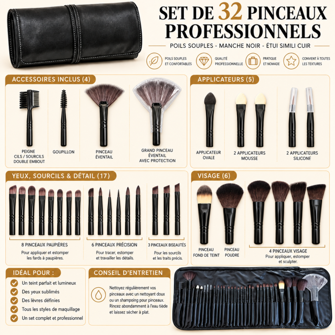 Set de 32 pinceaux maquillage professionnels – Manche noir & étui simili cuir