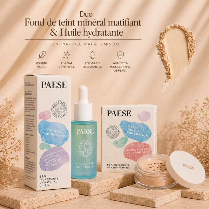 Duo Fond de teint minéral matifiant Vegan 7 g (Light Beige) et Huile Hydratante 30 ml - PAESE