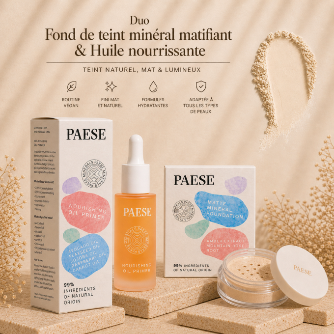 Duo Fond de teint minéral matifiant Vegan 7 g (Light Beige) et Huile Nourrissante 30 ml - PAESE