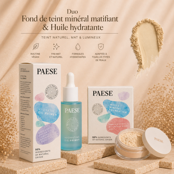 Duo Fond de teint minéral matifiant Vegan 7 g (Beige) et Huile Hydratante 30 ml - PAESE