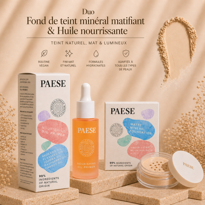 Duo Fond de teint minéral matifiant Vegan 7 g (Beige) et Huile Nourrissante 30 ml - PAESE