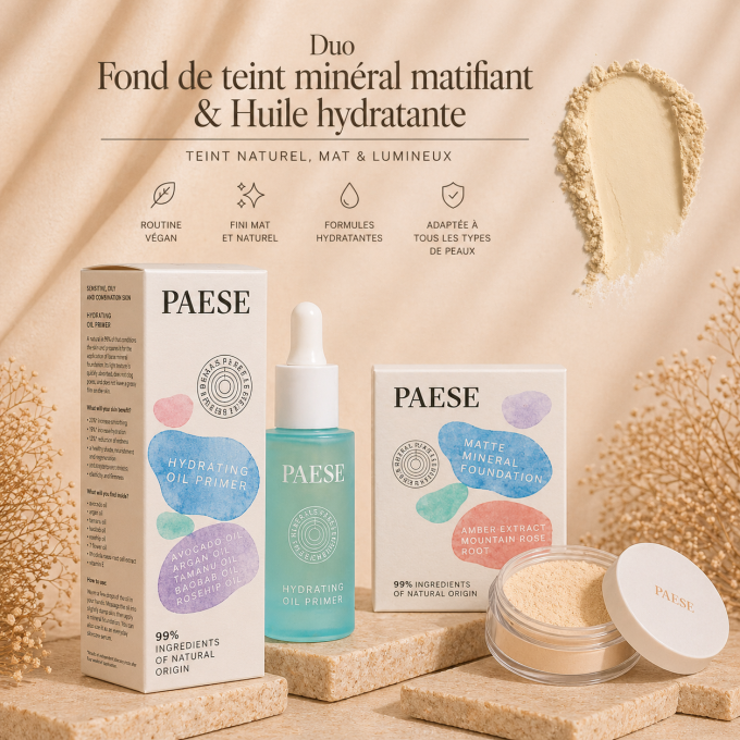 Duo Fond de teint minéral matifiant Vegan 7 g (NATURAL) et Huile Hydratante 30 ml - PAESE