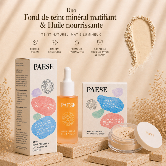 Duo Fond de teint minéral matifiant Vegan 7g (Natural) et Huile Nourrissante 30ml - PAESE