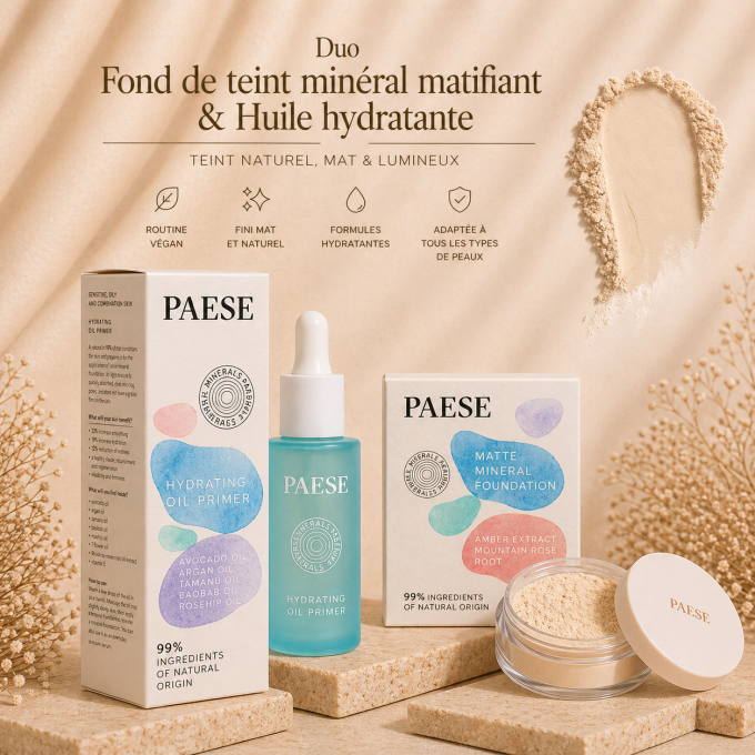 Duo Fond de teint minéral matifiant Vegan 7 g (SAND) et Huile Hydratante 30 ml - PAESE
