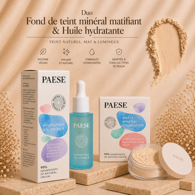 Duo Fond de teint minéral matifiant Vegan 7 g (HONEY) et Huile Hydratante 30 ml - PAESE