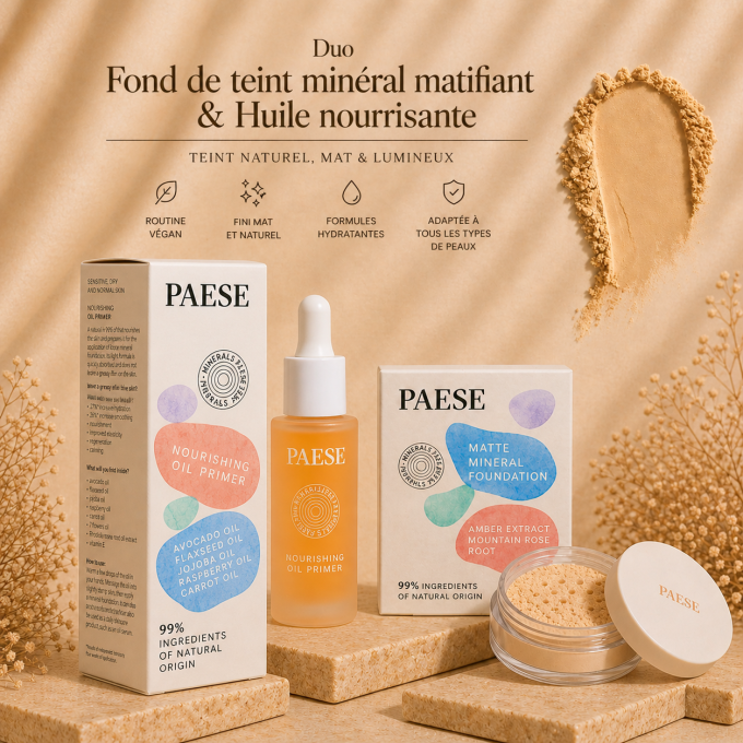 Duo Fond de teint minéral matifiant Vegan 7g (HONEY) et Huile Nourrissante 30ml - PAESE