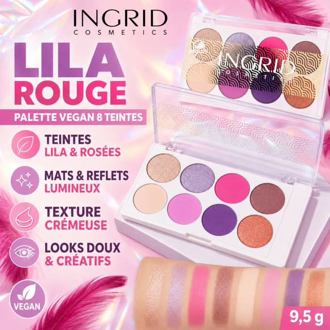 Palette d'ombres à paupière vegan 8 teintes - Lila Rouge - 9.5 gr - Ingrid Cosmetics