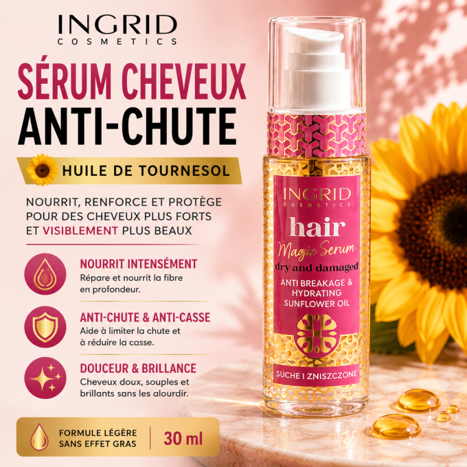 Sérum cheveux concentré en Huile de tournesols anti chute - Ingrid Cosmetics - 30 ml