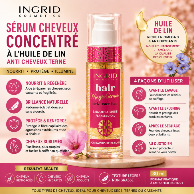 Sérum cheveux concentré en Huile de Lin anti cheveux terne - Ingrid Cosmetics - 30 ml