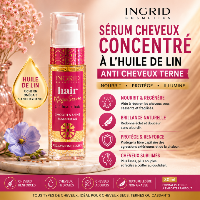 Sérum cheveux concentré en Huile de Lin anti cheveux terne - Ingrid Cosmetics - 30 ml