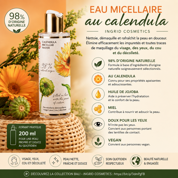 Eau micellaire au calendula - 200 ml - 98% naturelle - Ingrid Cosmetics