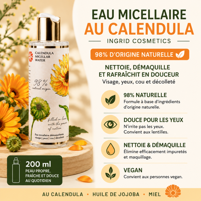 Eau micellaire au calendula - 200 ml - 98% naturelle - Ingrid Cosmetics