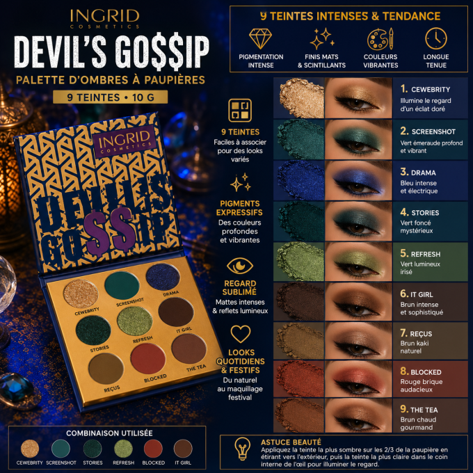 Palette d'ombres à paupière Devil's Gossip 9 teintes - 10 gr - Ingrid Cosmetics