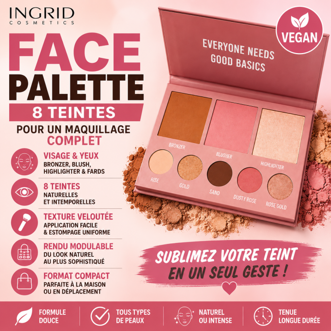 Palette maquillage visage 8 teintes – Face Palette - 37g - Ingrid Cosmetics