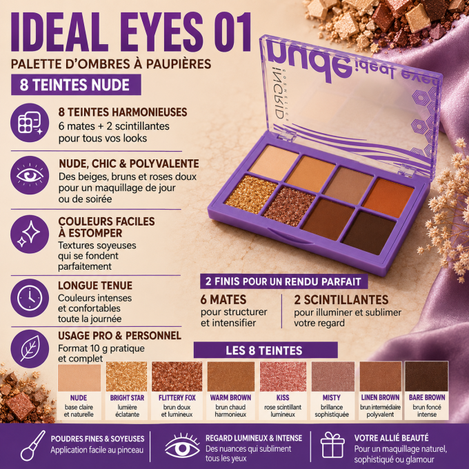 Palettes d'ombres à paupières IDEAL EYES 01 - 8 teintes - 10 g - Ingrid Cosmetics