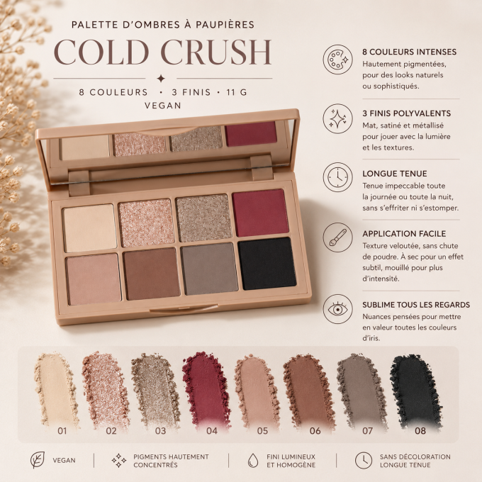 Palette d'ombres à paupières "Cold Crush" - 11 g - 8 couleurs VEGAN - PAESE