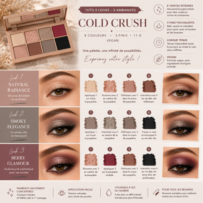 Palette d'ombres à paupières "Cold Crush" - 11 g - 8 couleurs VEGAN - PAESE