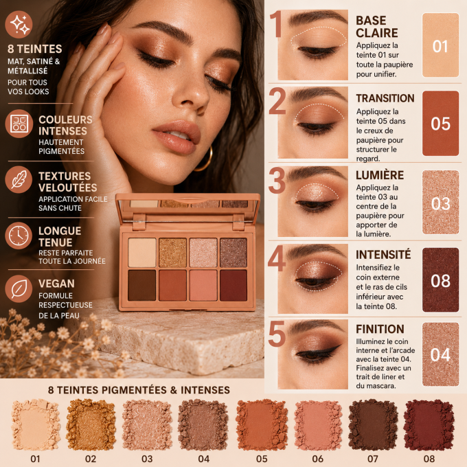 Palette d'ombres à paupières "Warm Crush" - 11 g - 8 couleurs VEGAN - PAESE