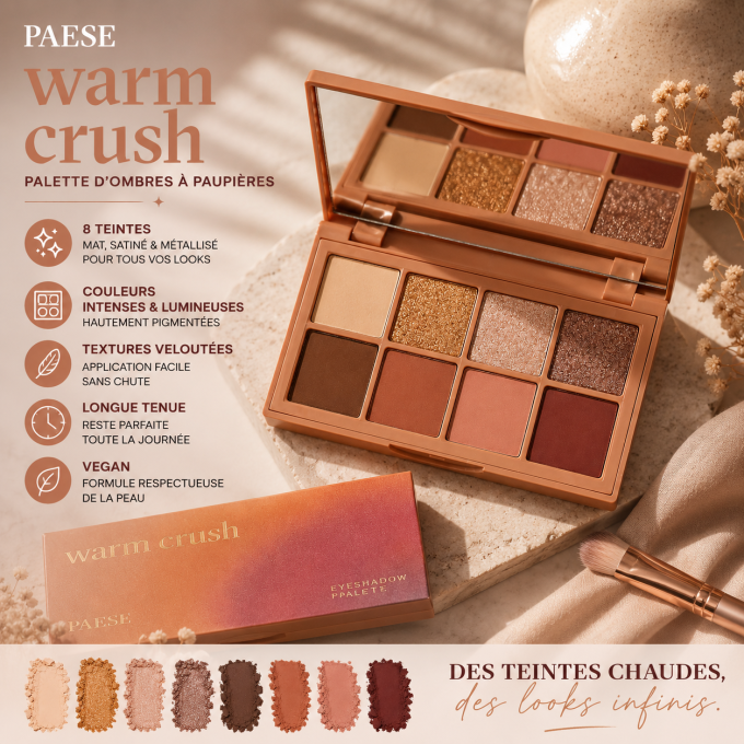 Palette d'ombres à paupières "Warm Crush" - 11 g - 8 couleurs VEGAN - PAESE