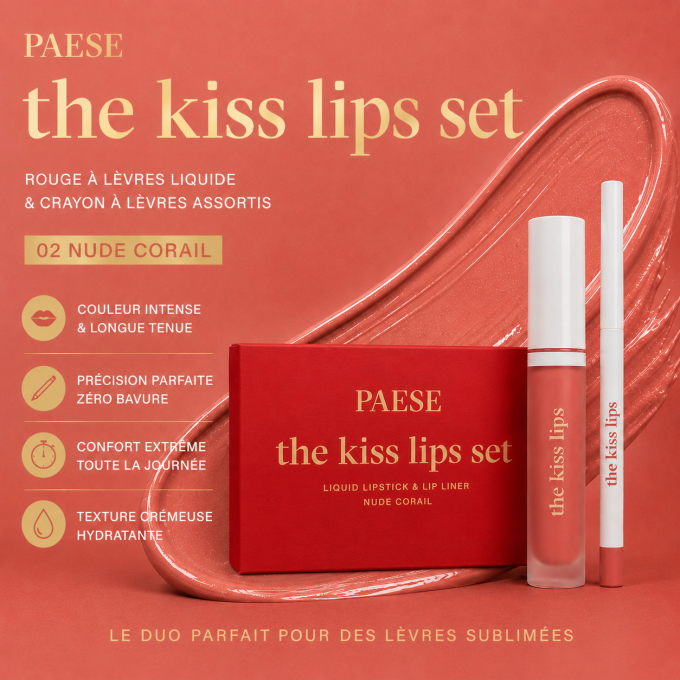 Coffret "The Kiss Lips"  - Rouge à lèvres et crayon assortis - 02 Nude Coral - Paese