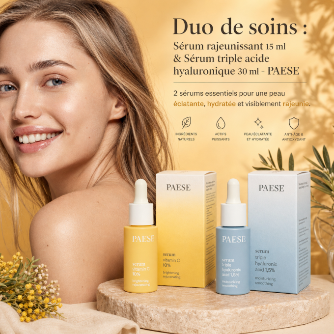 Duo de soins : Sérum rajeunissant 15 ml et Sérum triple acide hyaluronique 30 ml - PAESE