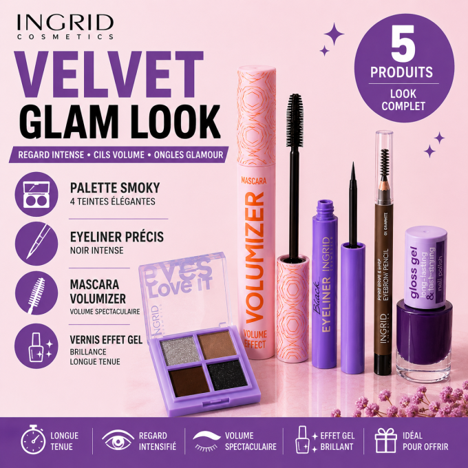 Velvet Glam Look – Kit Maquillage Ingrid Cosmetics (5 produits) 