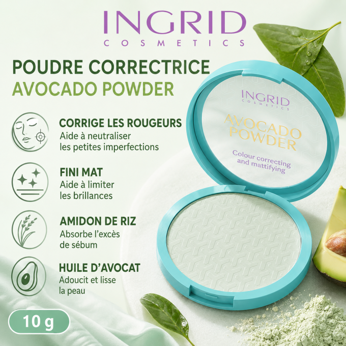 Poudre Compacte correctrice et matifiante à la l'avocat - 10g - Ingrid Cosmetics
