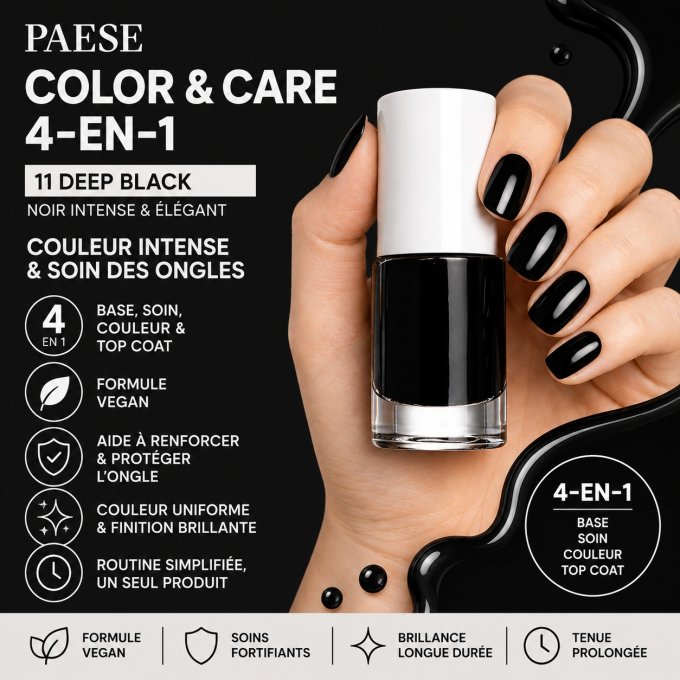 Vernis COLOR & CARE 4-en-1 – 5,5 ml – Teinte 11 Deep Black – PAESE