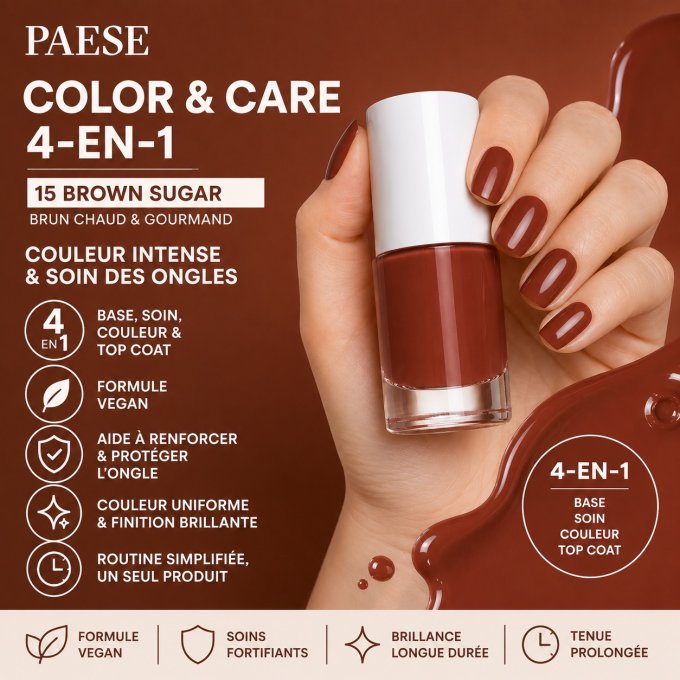 Vernis COLOR & CARE 4-en-1 – 5,5 ml – Teinte 15 Brown Sugar – PAESE