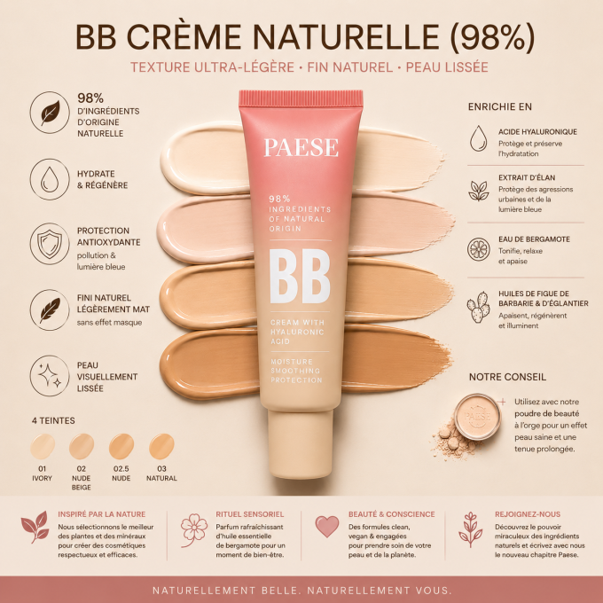 BB crème à l'acide hyaluronique - 30 ml - 4 teintes - PAESE