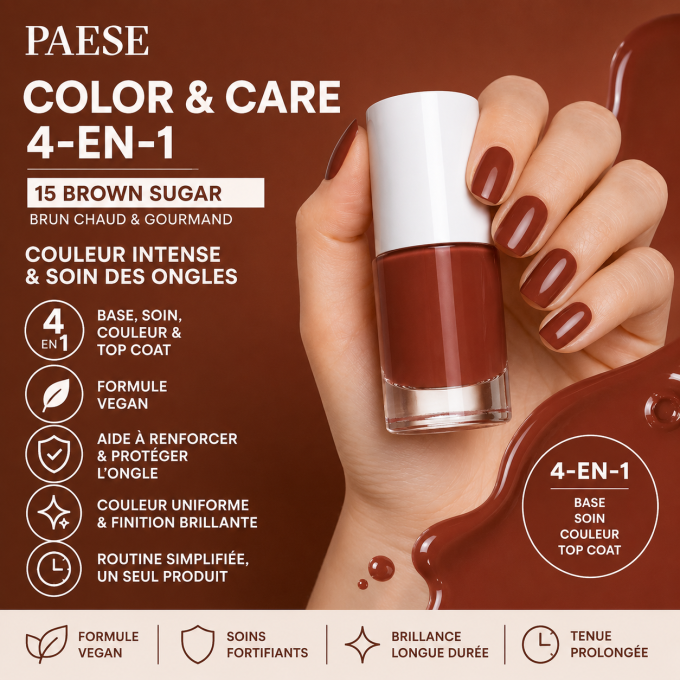 Vernis COLOR & CARE 4-en-1 – 5,5 ml – Teinte 15 Brown Sugar – PAESE