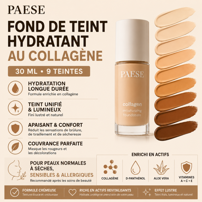 Fond de teint hydratant au collagène - 30 ml - 9 teintes - Paese
