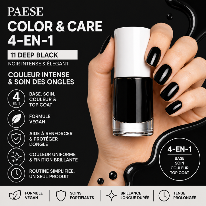 Vernis COLOR & CARE 4-en-1 – 5,5 ml – Teinte 11 Deep Black – PAESE