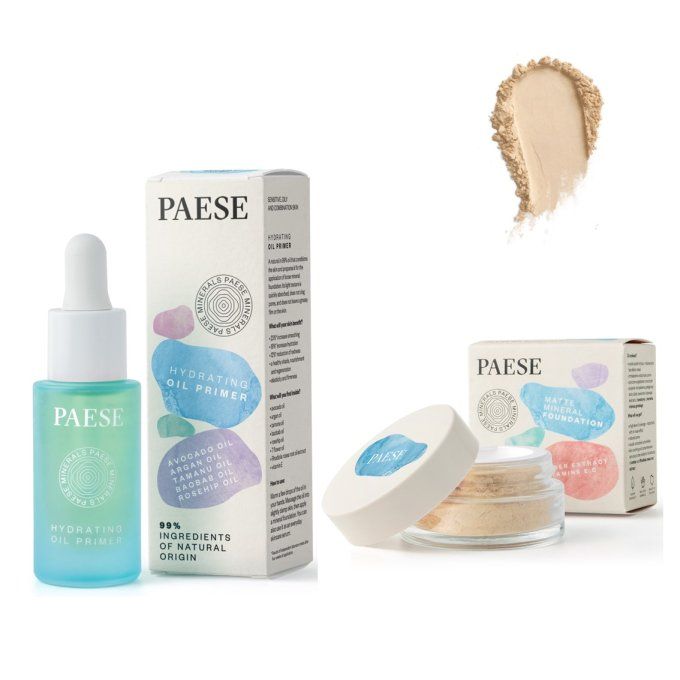 Duo Fond de teint minéral matifiant Vegan 7 g (SAND) et Huile Hydratante 30 ml - PAESE