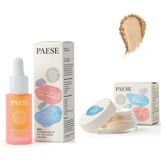 Duo Fond de teint minéral matifiant Vegan 7 g (Honey) et Huile Nourrissante 30 ml - PAESE