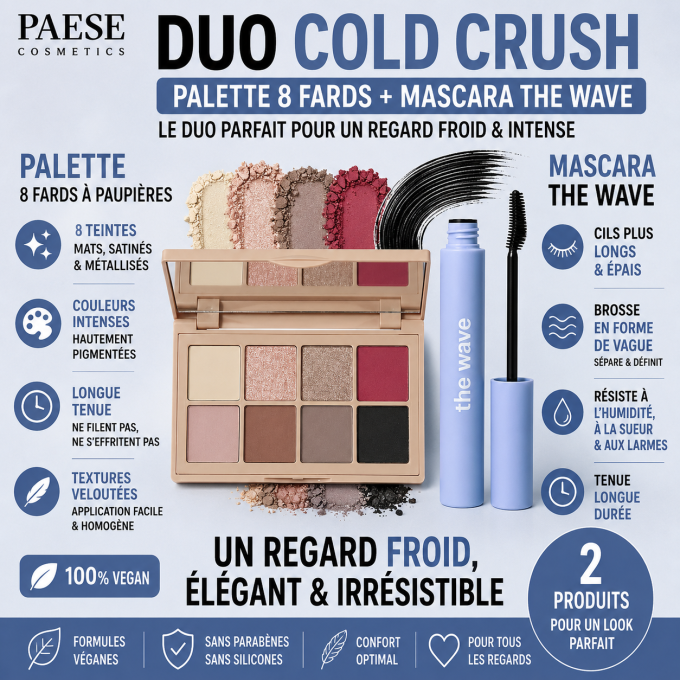 Duo "Cold Crush" : palette 8 ombres à paupières  11 g VEGAN et Mascara WAVE - PAESE