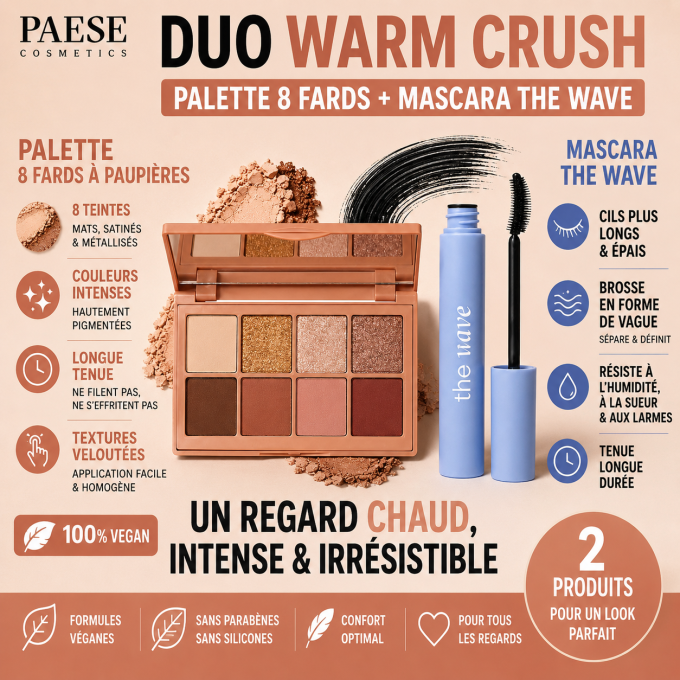 Duo "Warm Crush" : palette 8 ombres à paupières  11 g VEGAN et Mascara WAVE - PAESE