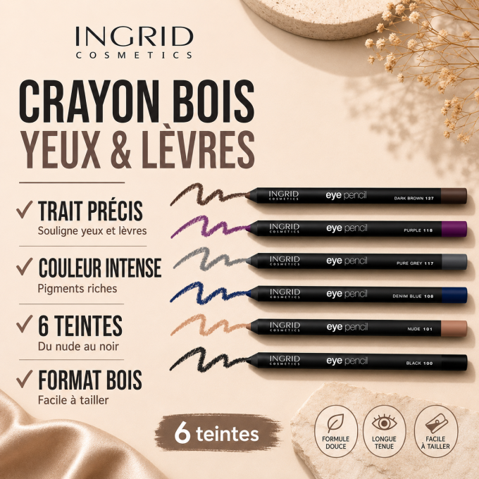 Crayon bois pour les yeux et les lèvres - 6 Teintes - Ingrid Cosmetics