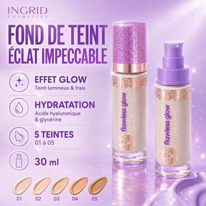 Fond de teint Eclat impeccable-5 teintes-30 ml-INGRID